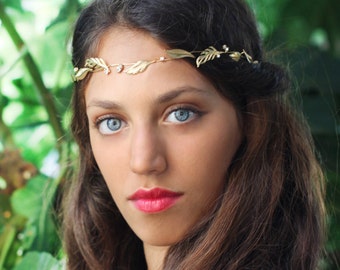 Crystal Leaf Wreath, Flexible Gold Metal Hair Wire, Gold Tiara, Bridal Hair Accessory, Grecian Crown, Bohemian Wreath, Laurel Boho Headband