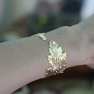 King Feather Bracelet, goddess jewellery, Wrap Leaf Bracelet, Bridal Statement Bracelet, Bridal Accessories, Giant gold Stem Branch Feather image 1