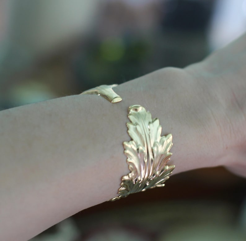 King Feather Bracelet, goddess jewellery, Wrap Leaf Bracelet, Bridal Statement Bracelet, Bridal Accessories, Giant gold Stem Branch Feather image 1
