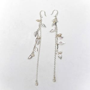 Leaf Waterfall Earrings, Bridal Leaves Chain Pearls Earrings, Bridal Jewelry, Wedding Earrings, Pearl, Long Boho Gold Earrings Silver