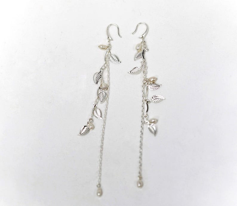 Leaf Waterfall Earrings, Bridal Leaves Chain Pearls Earrings, Bridal Jewelry, Wedding Earrings, Pearl, Long Boho Gold Earrings Silver
