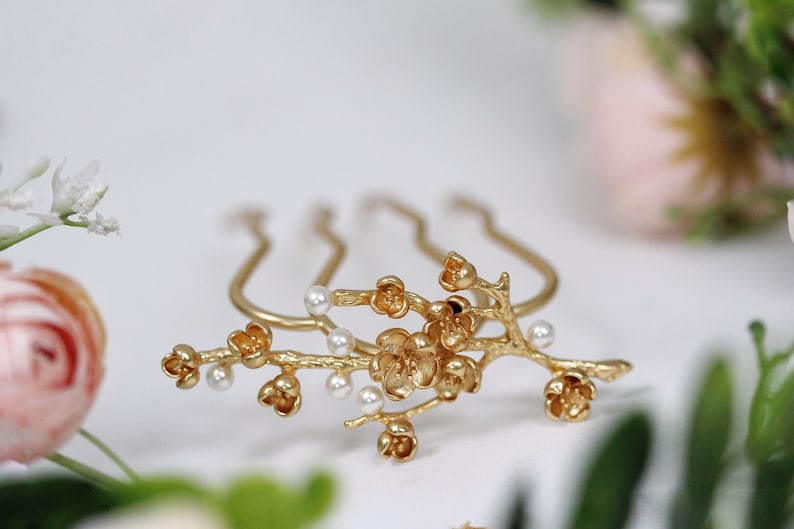 Sakura Field Haarspeld Rosegoud Kersenbloesemblad Bruidsbruiloft Bladeren Sieraden Bladzilver Bloemen Haaraccessoire Haarspeld Fairy Elven afbeelding 4