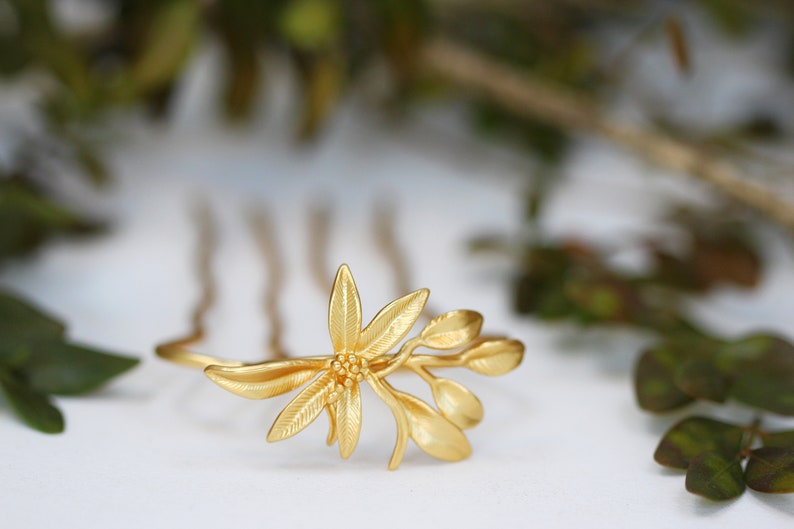 Lily Hair Prong Floral Flower Leaves Silver Rose Gold Flowers Leaves Boho French Pin Bun Hair Accessory Nature Inspired Hair Fork Bridal Pin image 1