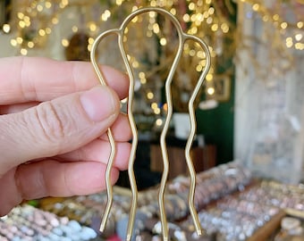 Pin de pelo liso de cuatro dientes, soporte de moño de punta de pelo liso chapado en oro, palo Updo, horquilla plateada hecha a mano, clip de pelo de boda nupcial simple, selección