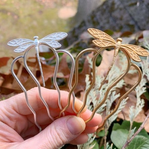 Dragonfly Hair Prong Gold Hair Stick Rose Leaves Gold Insects Accessory Nature Inspired Hair Fork Silver Hair Pin Whimsical Woodland Fairy image 4