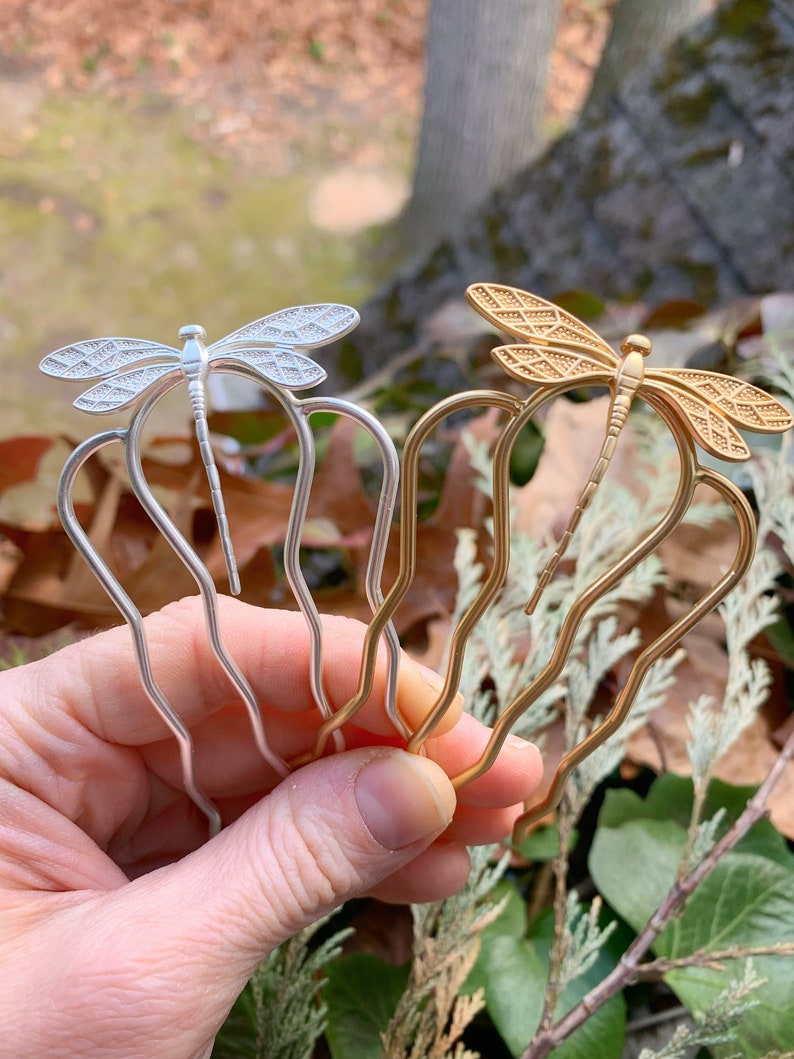 Dragonfly Hair Prong Gold Hair Stick Rose Leaves Gold Insects Accessory Nature Inspired Hair Fork Silver Hair Pin Whimsical Woodland Fairy image 4