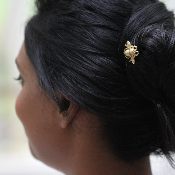 Baby Honey Bee Hair Prong, Gold Insect Clip, Functional Boho Hair Jewelry, Gold Hair Accessory, Unique Hair Fork, Nature Inspired Hair Pin