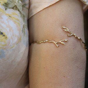 Rustic Branch with Crystals Arm Band Nature Inspired Bracelet Dainty Leaf Bridal Jewelry Gold Leaves Wedding Arm Cuff Boho Bridal