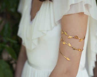 Preorder * Jasmine Branch Bracelet Dainty Wrap Gold Leaves Arm Band Wrap Around Wrist Gold Swirl Boho Bracelet, Unique Bridal Jewellery