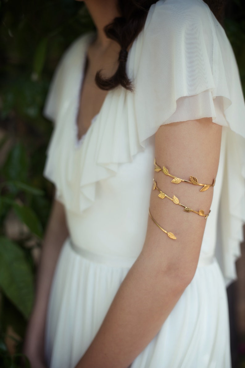 Preorder Jasmine Branch Bracelet Dainty Wrap Gold Leaves Arm Band Wrap Around Wrist Gold Swirl Boho Bracelet, Unique Bridal Jewellery image 1