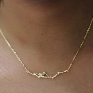 Bird Sitting on a Rustic Branch Necklace Dainty Laurel Charm Delicate Chain Rose Gold Silver Dainty Boho Necklaces Fairy Jewelry