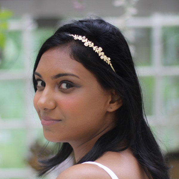 Double Flower Bouquet Headband Gold Flowers Headband, Floral Headpiece, Bridal Hair Accessory, Goddess Headband, Dainty Boho Band