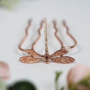 Dragonfly Hair Prong Gold Hair Stick Rose Leaves Gold Insects Accessory Nature Inspired Hair Fork Silver Hair Pin Whimsical Woodland Fairy image 3