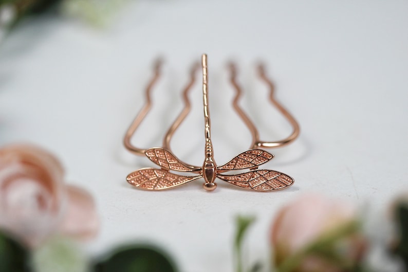 Dragonfly Hair Prong Gold Hair Stick Rose Leaves Gold Insects Accessory Nature Inspired Hair Fork Silver Hair Pin Whimsical Woodland Fairy image 3