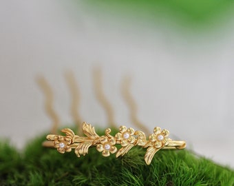 Forget Me Not Floral Prong Leaf Bun Hair Stick Gold Flower Hair Pin Floral Hair Piece Bridal Hair Pin Daisies Boho Flower Hair Fork