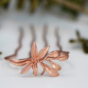 Lily Hair Prong Floral Flower Leaves Silver Rose Gold Flowers Leaves Boho French Pin Bun Hair Accessory Nature Inspired Hair Fork Bridal Pin image 2