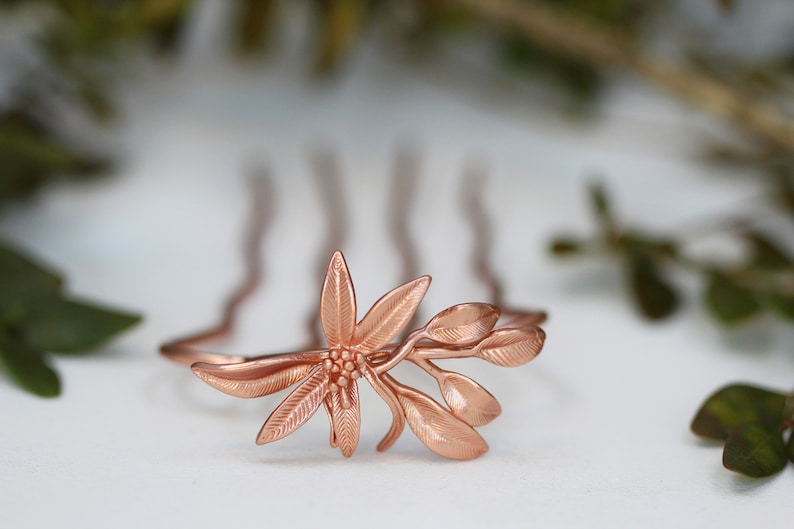 Lily Hair Prong Floral Flower Leaves Silver Rose Gold Flowers Leaves Boho French Pin Bun Hair Accessory Nature Inspired Hair Fork Bridal Pin image 2