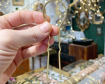 Liso dos dientes pelo largo punta oro simple pasador de pelo moño updo palo chapado en oro tenedor hecho a mano nupcial francés boho pasador de pelo boda clip de pelo