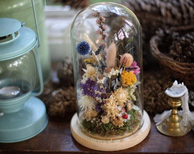 Large Dried Flowers Glass Dome, Floral Cloche, Dried Flowers Home Decor