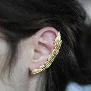 Olive Leaf Ear Cuff, Gold Leaves Earring, Gold Plated, Ear Climber, Ancient Greek Jewelry, Boho Chic, Hand Made Ear Huggie, Bridal jewelry