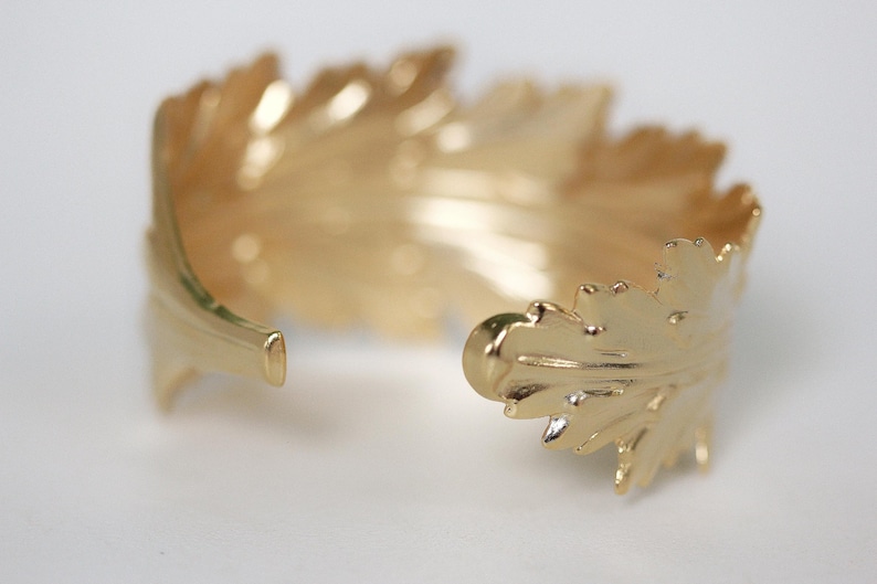 King Feather Bracelet, goddess jewellery, Wrap Leaf Bracelet, Bridal Statement Bracelet, Bridal Accessories, Giant gold Stem Branch Feather image 6