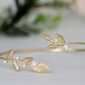Twigs Pearls Crystals Arm Bracelet Band Cuff Arm Bracelet Gold leaves Wire Wrap Bracelet Bridal Jewelry Wedding Bracelet Greek Style