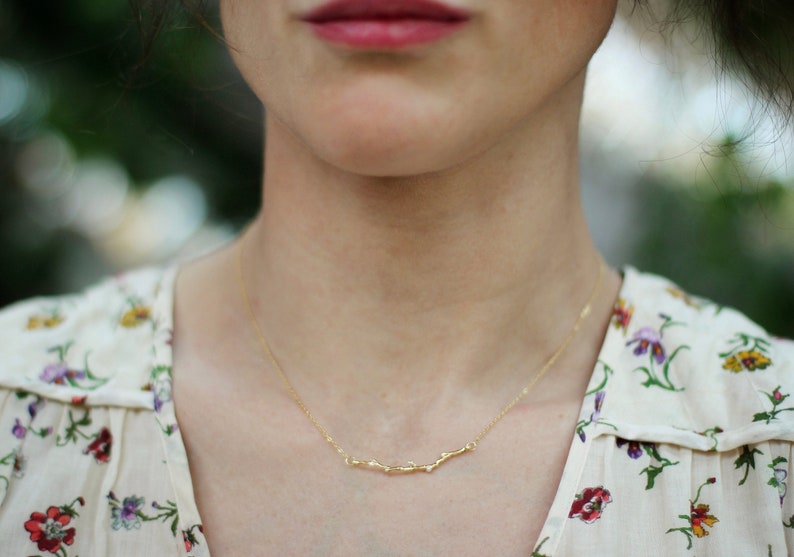 Seed Pearl Rustic Branch Necklace Dainty Laurel Branch Olive Leaf Charm Delicate Chain Rose Gold Silver Dainty Boho Necklaces Fairy Jewelry image 3