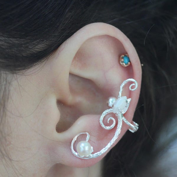 Pendiente de oreja Fairy Swirls, pendiente trepador de perlas, joyería bohemia griega, pendientes de novia bohemios
