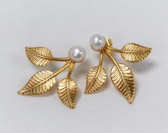 Juno Earrings, Gold Leaves Two Pieces Set Ear Cuffs, Stud and Jacket Leaf Ear Jacket Goddess Jewelry Bridal Accessories Wedding