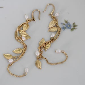 Leaf Waterfall Earrings, Bridal Leaves Chain Pearls Earrings, Bridal Jewelry, Wedding Earrings, Pearl, Long Boho Gold Earrings Gold