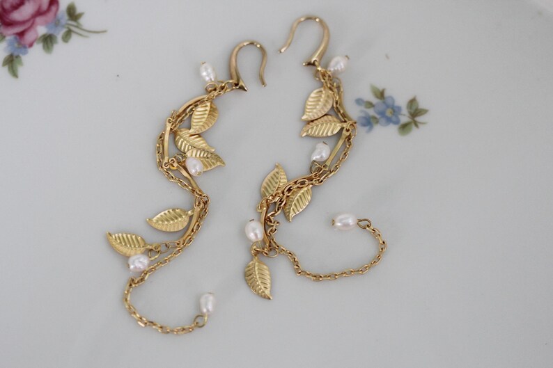 Leaf Waterfall Earrings, Bridal Leaves Chain Pearls Earrings, Bridal Jewelry, Wedding Earrings, Pearl, Long Boho Gold Earrings Gold