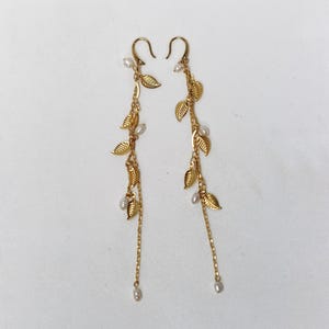 Leaf Waterfall Earrings, Bridal Leaves Chain Pearls Earrings, Bridal Jewelry, Wedding Earrings, Pearl, Long Boho Gold Earrings image 5