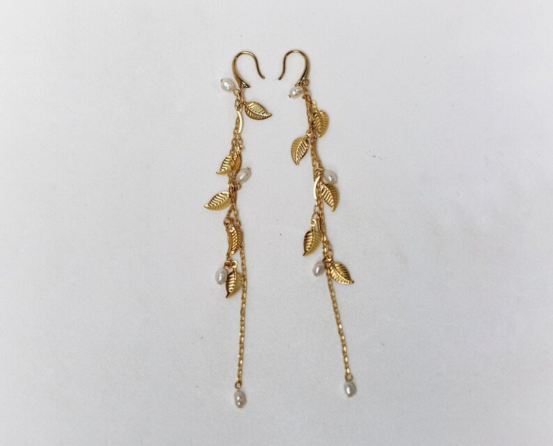 Leaf Waterfall Earrings, Bridal Leaves Chain Pearls Earrings, Bridal Jewelry, Wedding Earrings, Pearl, Long Boho Gold Earrings image 5