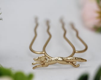 Fox Hair Pin Whimsical Woodland Creature Jjewelry French Pin Hair Fork Prong Updo French Twist Hair Style Hair Piece Gold Wolf Accessories