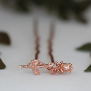 Small Peony Hair Prong Floral Flower Rose Gold Flowers Leaves Boho Floral Hair Accessory Nature Inspired Hair Fork Bridal Hair Pin image 1