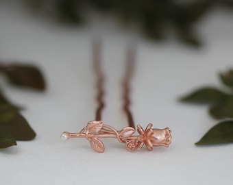 Small Peony Hair Prong Floral Flower Rose Gold Flowers Leaves Boho Floral Hair Accessory Nature Inspired Hair Fork Bridal Hair Pin