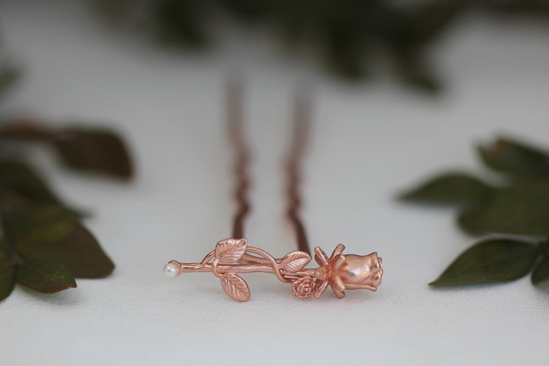 Small Peony Hair Prong Floral Flower Rose Gold Flowers Leaves Boho Floral Hair Accessory Nature Inspired Hair Fork Bridal Hair Pin image 1