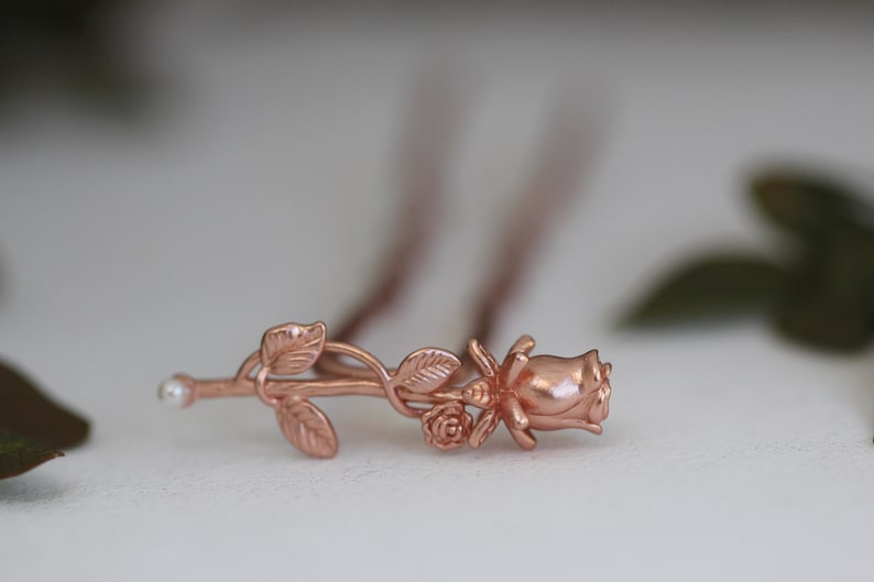 Small Peony Hair Prong Floral Flower Rose Gold Flowers Leaves Boho Floral Hair Accessory Nature Inspired Hair Fork Bridal Hair Pin image 5