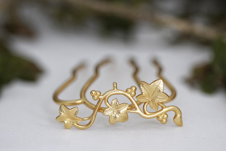 Ivy Leaves Hair Prong Leaf Jewelry Bridal Hair Accessories French Twist Gold Hair Goddess Clip Boho Hair Pin Side Sweep Hair Bun Holder image 1