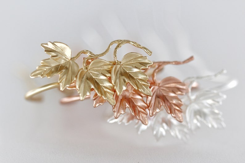 Triple Maple Leaves Hair Prong Leaf Jewelry Hair Accessory Gold Hair Goddess Clip Boho Hair Pin, Hair Bun Holder image 4