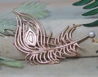 Peacock Feather Pearl Barrette boho bohemian Style pearls pin gold rose gold silver bridal wedding Hair Jewelry pin accessories