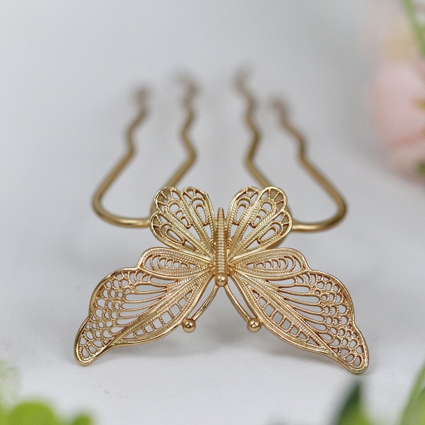 Large Filigree Butterfly Hair Pin Rose Gold Hair Prong Bun Stick Bun Pin Woodland Mariposa Bridal Wedding Whimsical Elven Fairy accessories