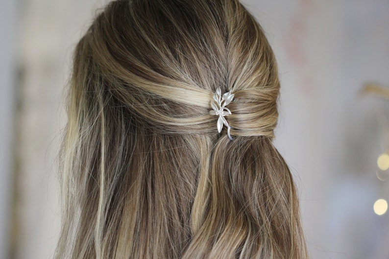 Lily Hair Prong Floral Flower Leaves Silver Rose Gold Flowers Leaves Boho French Pin Bun Hair Accessory Nature Inspired Hair Fork Bridal Pin image 5