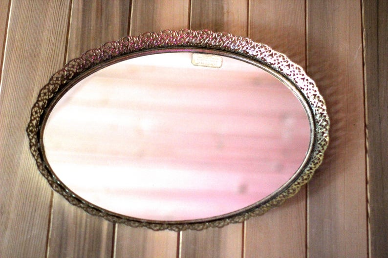 Large Filigree Antique Mirror Tray Lace Vintage Home Decor Bronze Vanity Unique Art Nouveau Ormolu