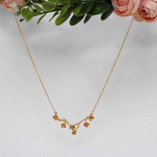 Cherry Blossom Sakura Necklace, Dainty Floral Charm Delicate Chain, Boho Jewelry Flowers Floral Whimsical Fairy Bridal Wedding Handmade Gift