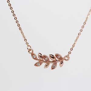 Tiny Crystals Leaf Necklace, Dainty Laurel Branch Olive Leaf Charm Delicate Chain Gold Rose Gold Silver Dainty Boho Necklaces Fairy Jewelry