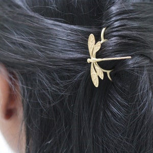 Dragonfly Hair Prong Gold Hair Stick Rose Leaves Gold Insects Accessory Nature Inspired Hair Fork Silver Hair Pin Whimsical Woodland Fairy image 5