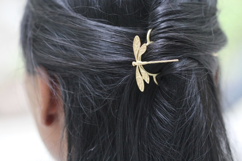 Dragonfly Hair Prong Gold Hair Stick Rose Leaves Gold Insects Accessory Nature Inspired Hair Fork Silver Hair Pin Whimsical Woodland Fairy image 5