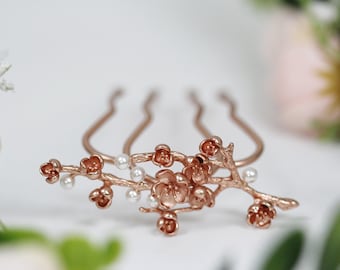 Blossoming Pearl Field Hair Prong Rose Gold Leaf Bridal Wedding Leaves Jewelry Silver Leaf Floral Hair Accessory Hair Fork Pin Fairy Elven
