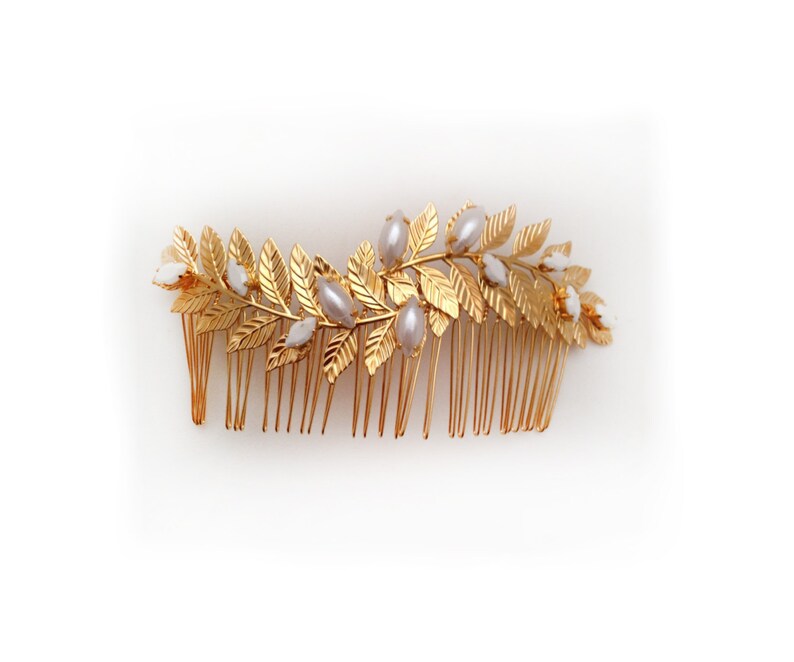 Preorder Leonora Bridal Hair Comb, Pearls, Grecian Leaves Gold Plated Bridal Hair Accessoried Wedding Comb, Goddess Hair Accessories image 6